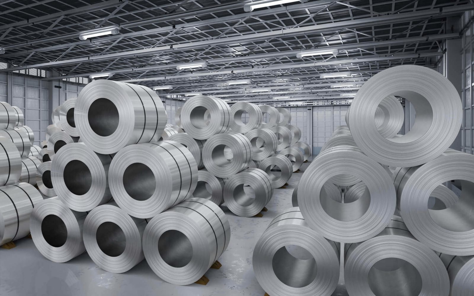 Steel coils stacked inside a warehouse